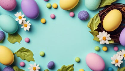 Fototapeta na wymiar Easter holiday background. Easter eggs illustration backdrop with copy space. Generative AI