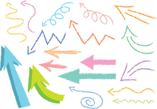 手描きクレヨン風のカラフルな矢印（左向き）