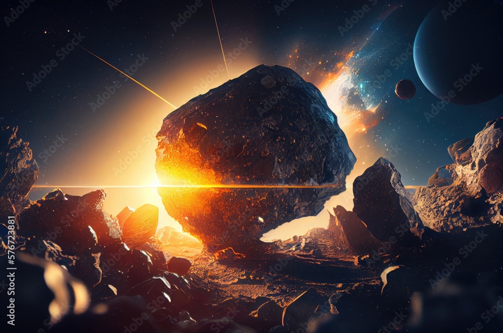 Poster close up of an asteroid hitting another asteroid generative ai