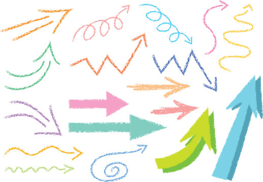 手描きクレヨン風のカラフルな矢印（右向き）