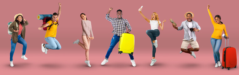 Excited multiracial millennials having fun while travelling, web-banner