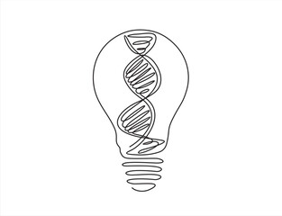 One continuous line drawing of  light bulb idea and DNA inside, Chemistry and science education concept