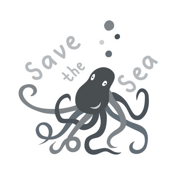 recommend clip art: Octopus with bubbles and text save the sea on a white. Children's marine clip-art
