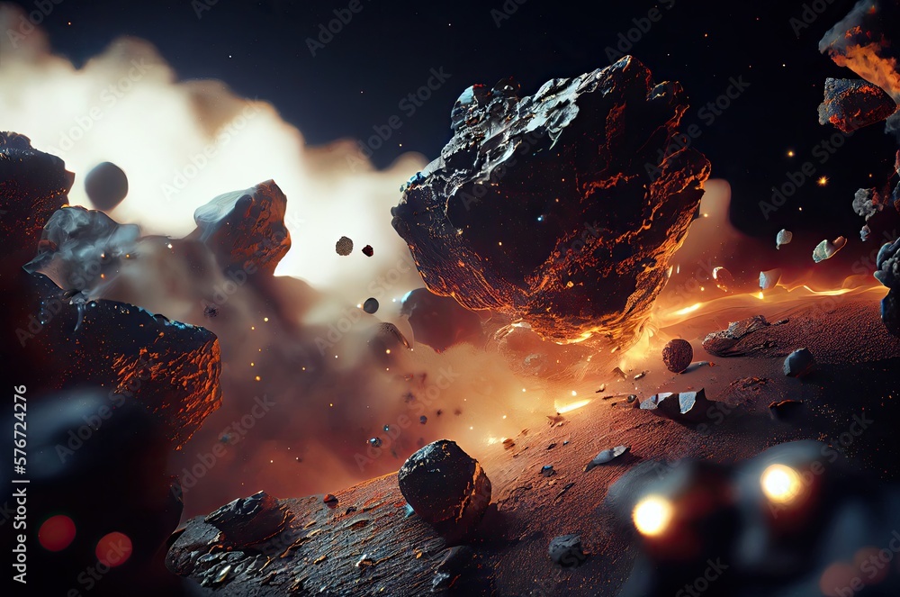 Poster close up asteroid field generative ai