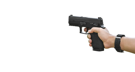 Isolated 9mm pistol gun holding in right hand of gun shooter with clipping paths.