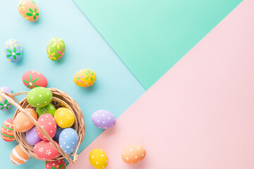 Fototapeta na wymiar Easter Day celebrate time with easter eggs on pastel background for top view