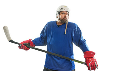  Hockey player isolated on free PNG background - stadium. Ready to shoot goal.
