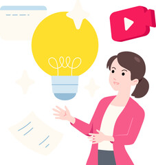 Fototapeta na wymiar Female Entrepreneur View Light bulb Idea for Marketing with Icon Web Video Media and paper Scene Concept Flat