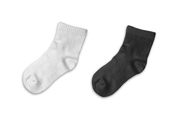 White and black short cotton socks mockup for design on white background.3d rendering.	