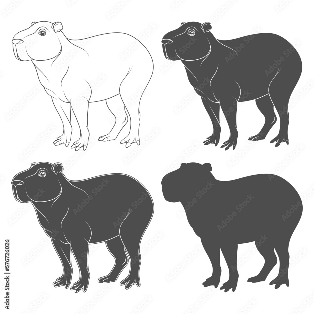 Aufkleber set of black and white illustration with capybara. isolated vector object on white background.