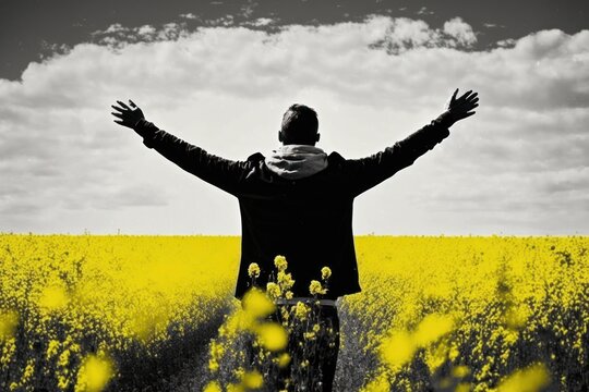 A cheerful man in an oilseed rape field with his arms raised. (Generative AI)