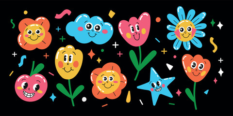 Vector set of illustrations of vintage characters of the classic retro cartoon style of the 30s. Abstract vector set of crazy cartoons in a trendy retro comics style