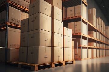 Warehouse with goods packed in cardboard boxes. Generative AI