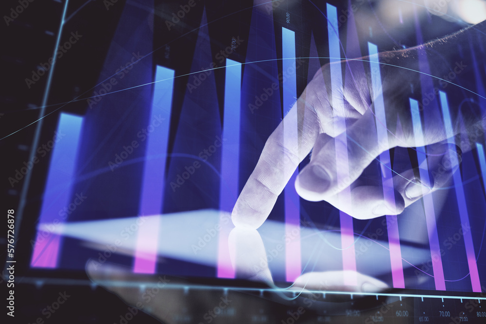 Aufkleber double exposure of man's hands holding and using a digital device and forex graph drawing. financial
