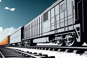 Freight train with wagons, industrial carriages, side view. Illustration in flat style. Generative AI