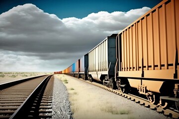 Obraz premium Train wagons carrying cargo containers. Modern freight traffic. Generative AI