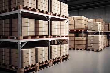 Warehouse storage shelves and cardboard boxes. Concept of logistics. Generative AI