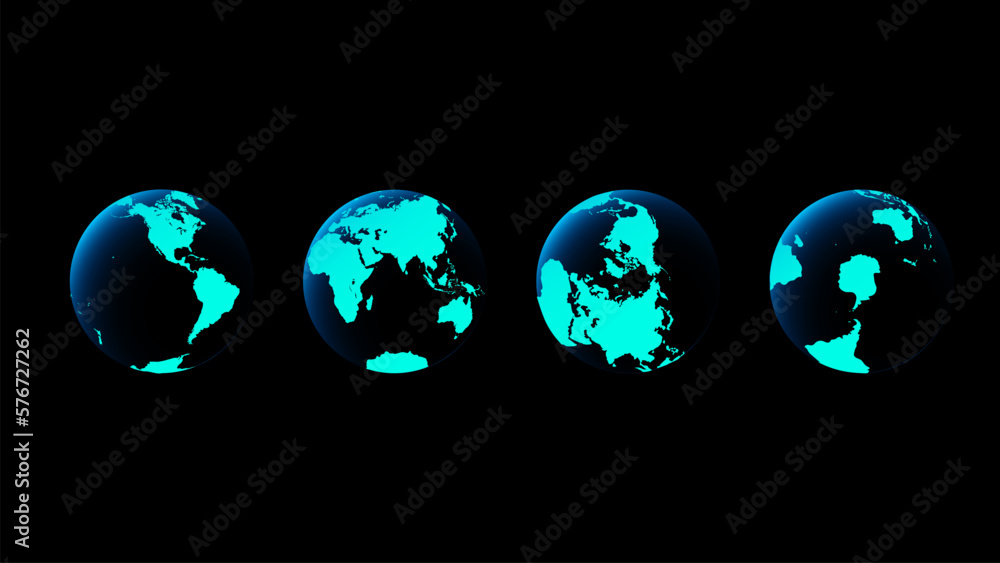 Poster digital earth globe icons. isolated globe on black background. earth hemispheres with continents. fu