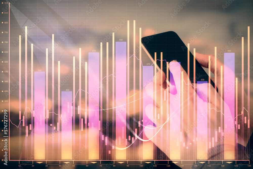 Aufkleber double exposure of man's hands holding and using a digital device and forex graph drawing. financial