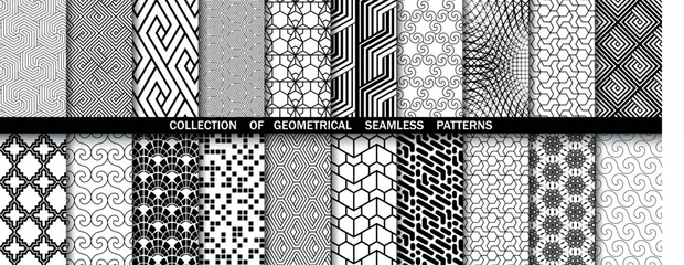 Naklejka na ściany i meble Geometric set of seamless black and white patterns. Simpless vector graphics