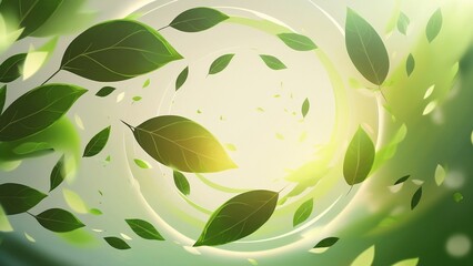 Flying green leaves with a soft sunbeam. Generative AI