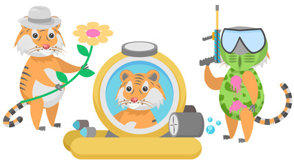 Set Abstract Collection Flat Cartoon Different Animal Tigers With Flower And Hat, Playing Paintball, Sailing In A Submarine Vector Design Style Elements Fauna Wildlife