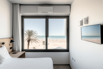 abstract of a hotel room white modern with bed and big windows on the beach. Generative AI