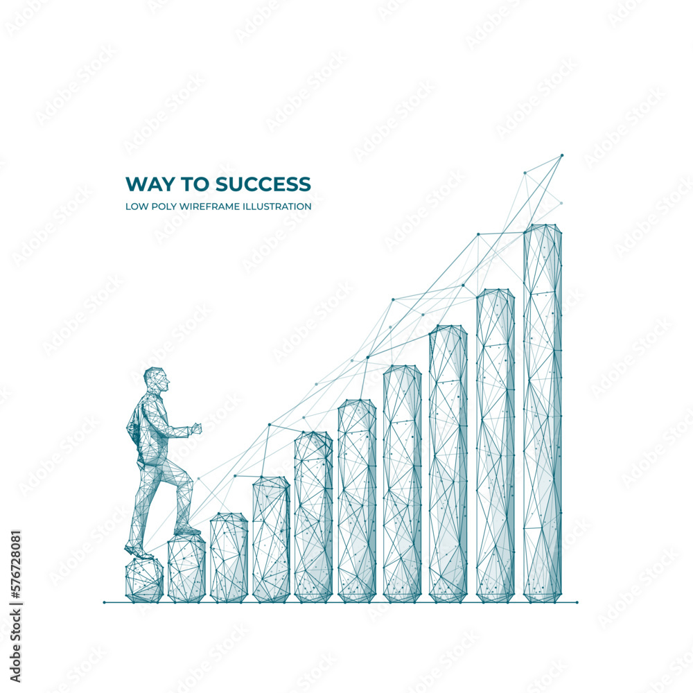 Poster abstract polygonal person climbs graph of growth. isolated business success concept on white backgro