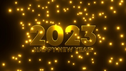 Happy New Year 2023 with golden falling particle on black background.