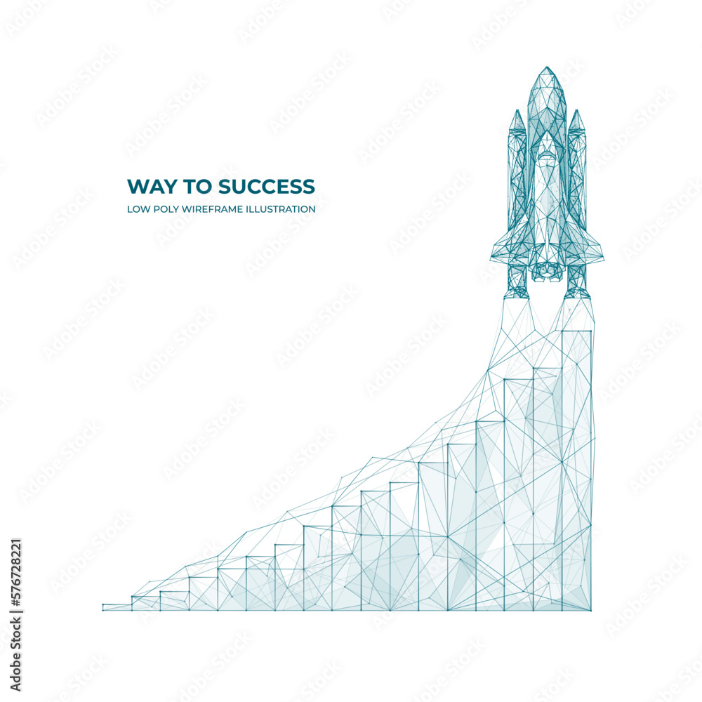 Aufkleber 3D Space shuttle launch and growth chart. Abstract concept of rapid rapid growth or takeoff. Technology digital Vector illustration. Polygons and lines on white background.