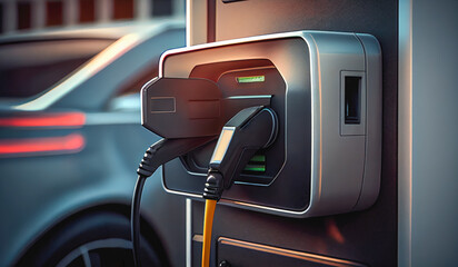 Generative AI illustration of futuristic neon electric car charging from power plant