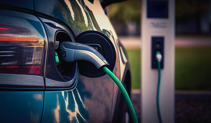 Generative AI illustration of futuristic neon electric car charging from power plant