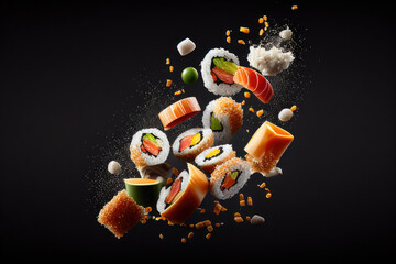 Sushi maki pieces flying in air, Japanese food on black background