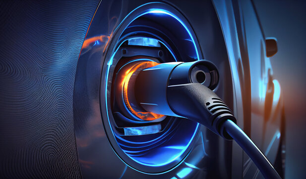 Generative AI illustration of futuristic neon electric car charging from power plant