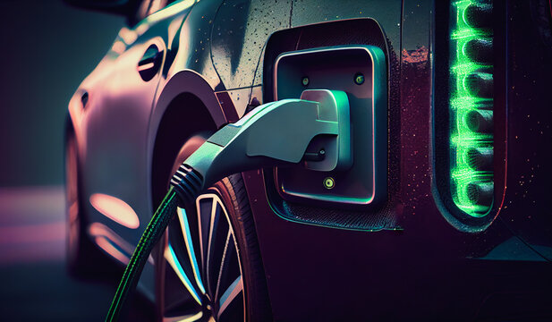 Generative AI illustration of futuristic neon electric car charging from power plant