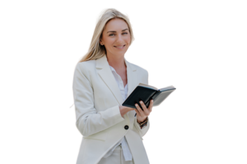 Cheerful swedish young woman with fluttering hair in white suit, holding diary, looking up dreamily, standing against transparent background, focused on goals. Business and finance concept