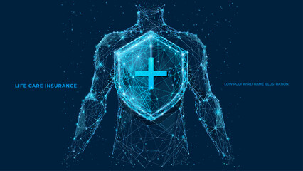 Abstract person body behind polygonal shield. Security shield with cross. Life care insurance. 3D wireframe vector illustration. Technology low poly medicine concept. Blue on dark blue background
