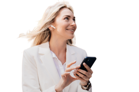 Excited young blonde businesswoman woman making video call by phone, earphones, with happy facial expression smiling goes outdoors against transparent background.lawyer typing message.