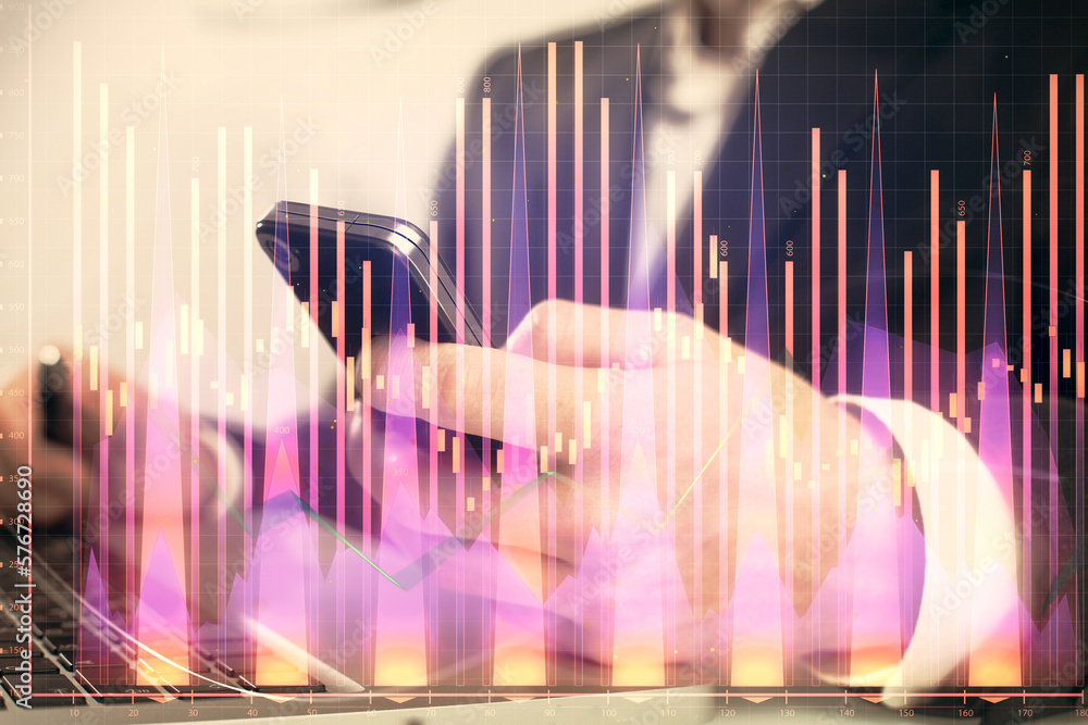 Poster multi exposure of man's hands holding and using a digital phone and forex graph drawing. financial m
