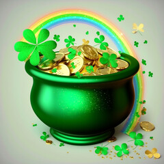 Pot of gold coins with clover leaves and rainbow. Saint Patrick's day 