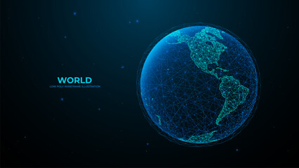 Western hemisphere. Abstract digital isolated Earth. Technology polygonal globe on dark background. Futuristic vector illustration. Sci fi blue planet.