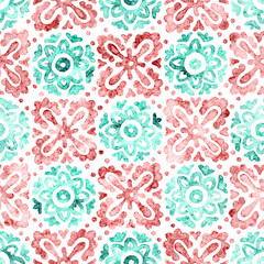 Seamless watercolor pattern. Beige and mint tiles on a white background. Cute print for textiles.