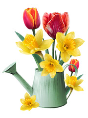 bouquet of tulips and daffodils in a garden watering can illustration