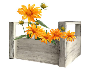 asters in a wooden basket illustration