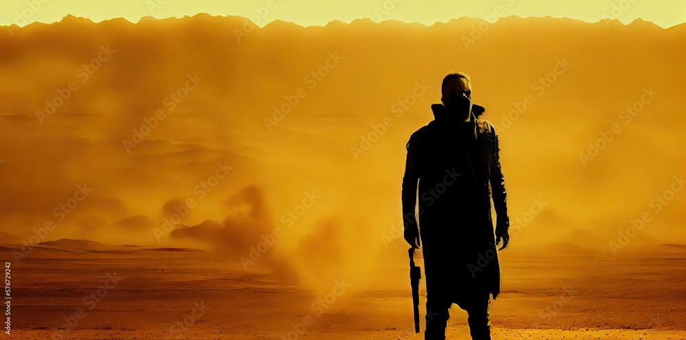 Poster man walking alone on sandy dusty planet generative ai
