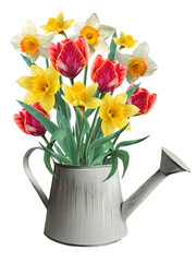 daffodils and tulips in a flowerpot illustration