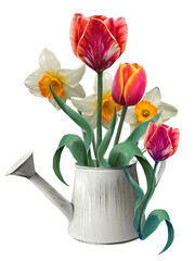 bouquet of daffodils and tulips in a flower pot illustration