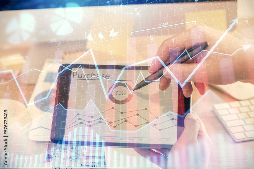 Poster double exposure of man's hands holding and using a phone and financial chart drawing. market analysi