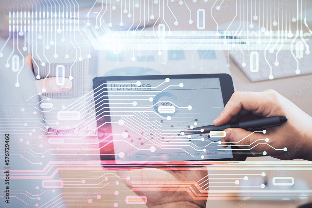 Poster Multi exposure of man's hands holding and using a digital device and data theme drawing. Innovation concept.