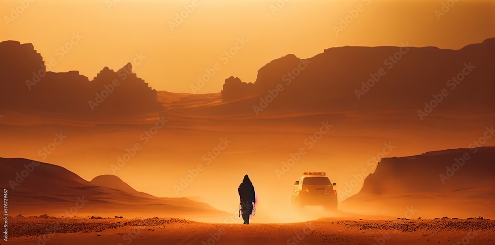 Aufkleber man with vehicle on sandy dusty planet generative ai
